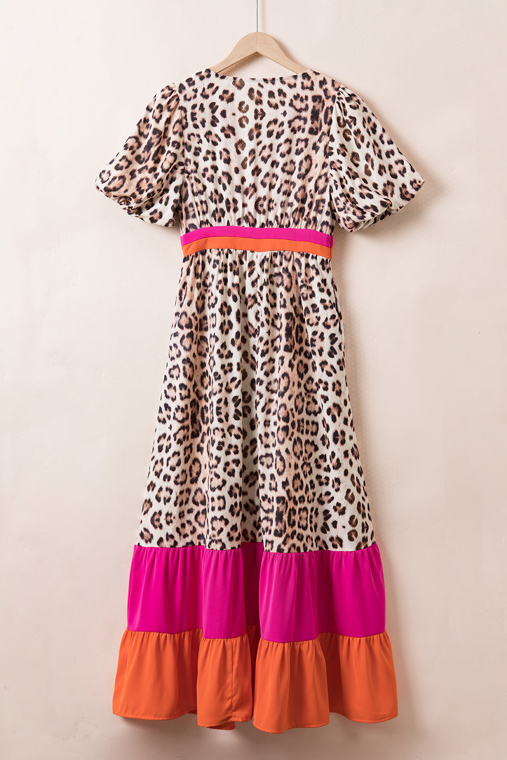 Khaki Cheetah Color Block V Neck Balloon Sleeve Babydoll Blouse
