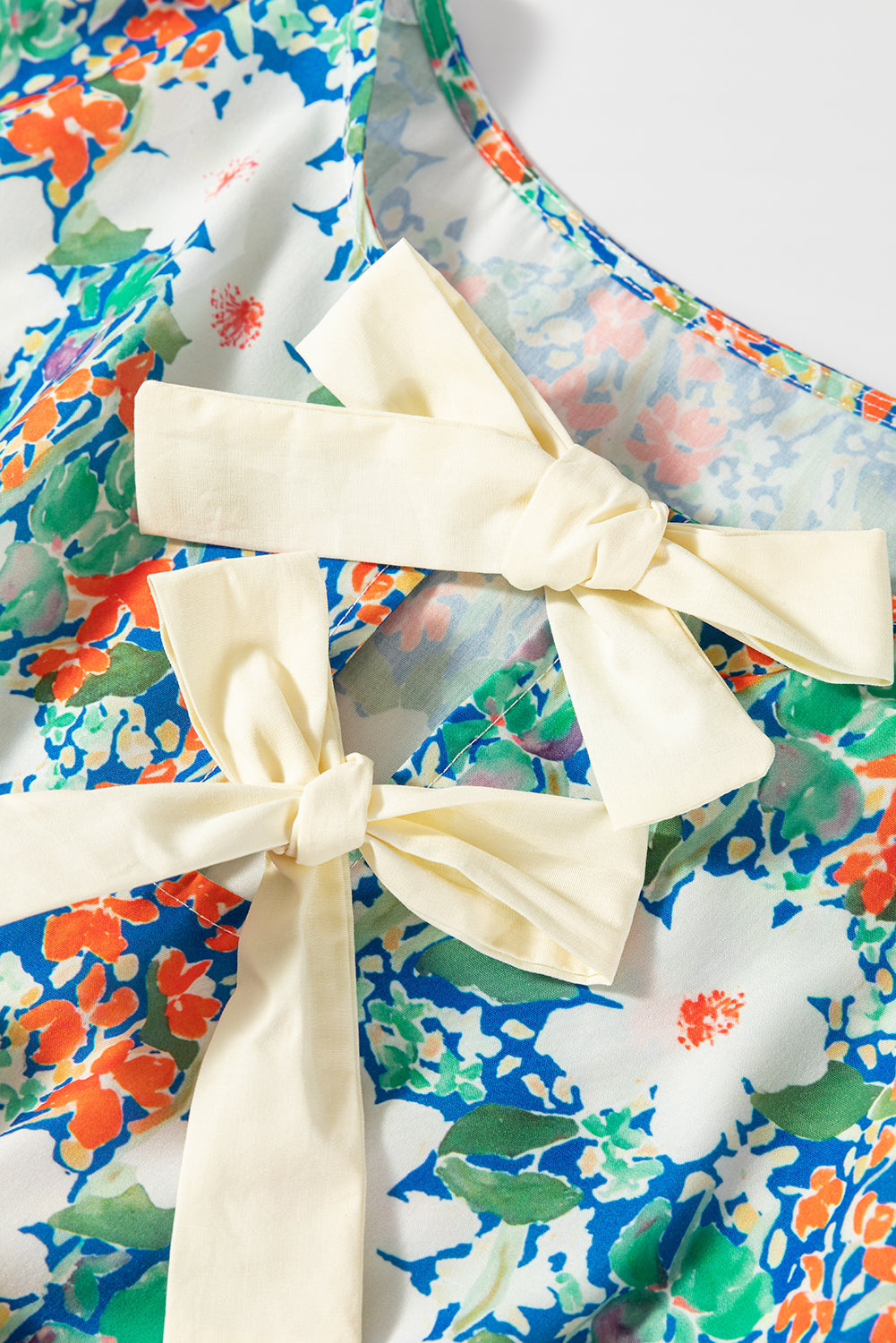 Rose Green Floral Print Bow Applique Slit Sleeveless Peplum Blouse