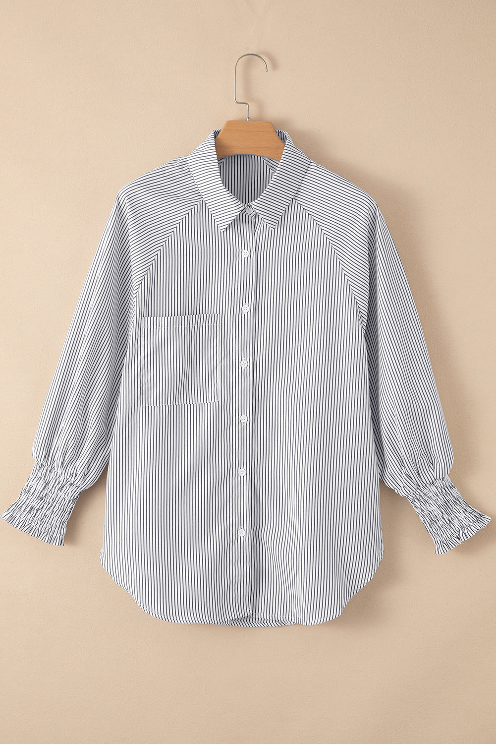 Red Stripe Smocked Cuffed Striped Boyfriend Shirt with Pocket