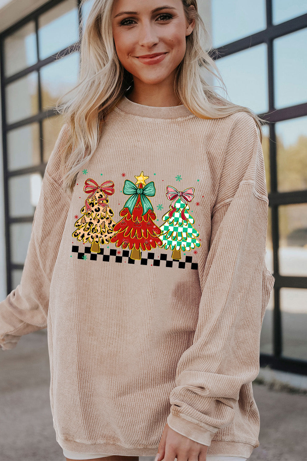 Apricot Christmas Tree Holiday Corded Tunic Sweatshirt