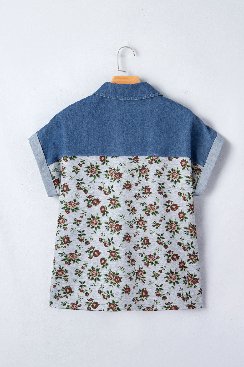 Beige Leopard Patchwork Half Button Short Sleeve Top