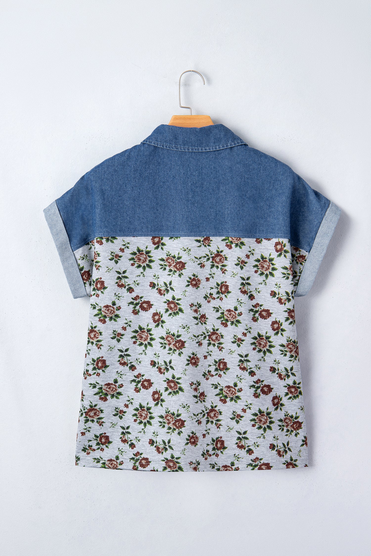 Beige Leopard Patchwork Half Button Short Sleeve Top