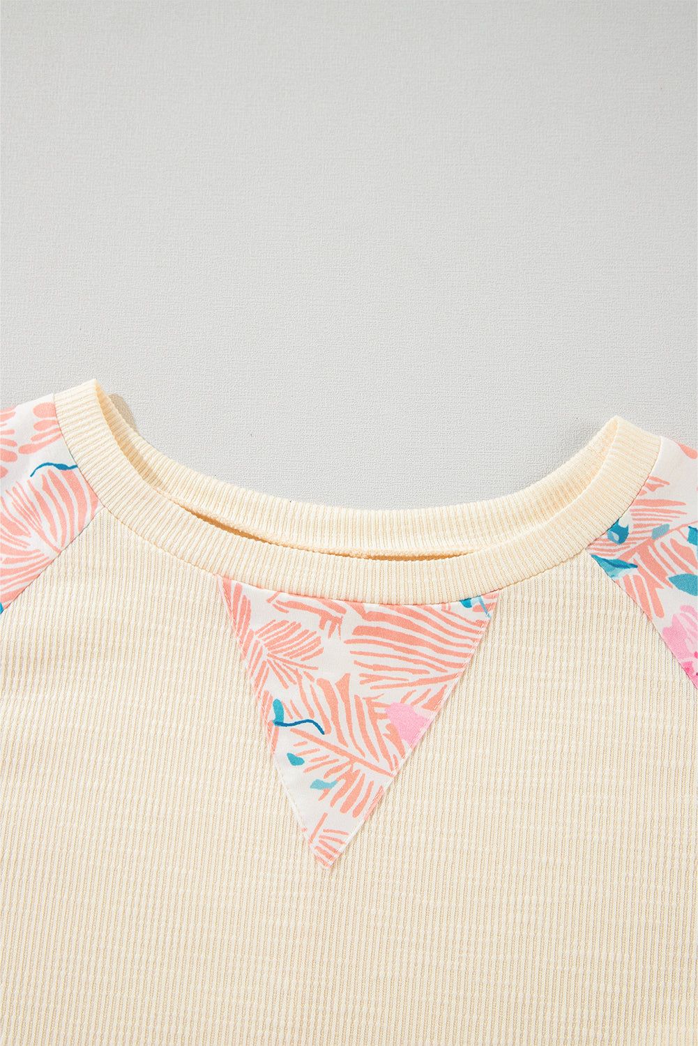 Apricot Plus Size Floral Patchwork Ribbed Puff Sleeve Top