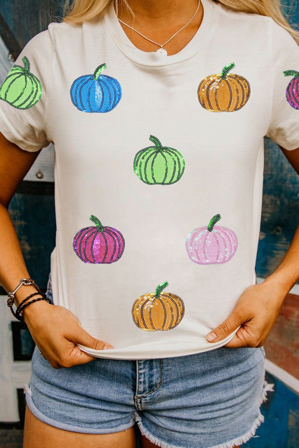 White Colorful Pumpkin Sequin Patched Drop Shoulder Sweatshirt