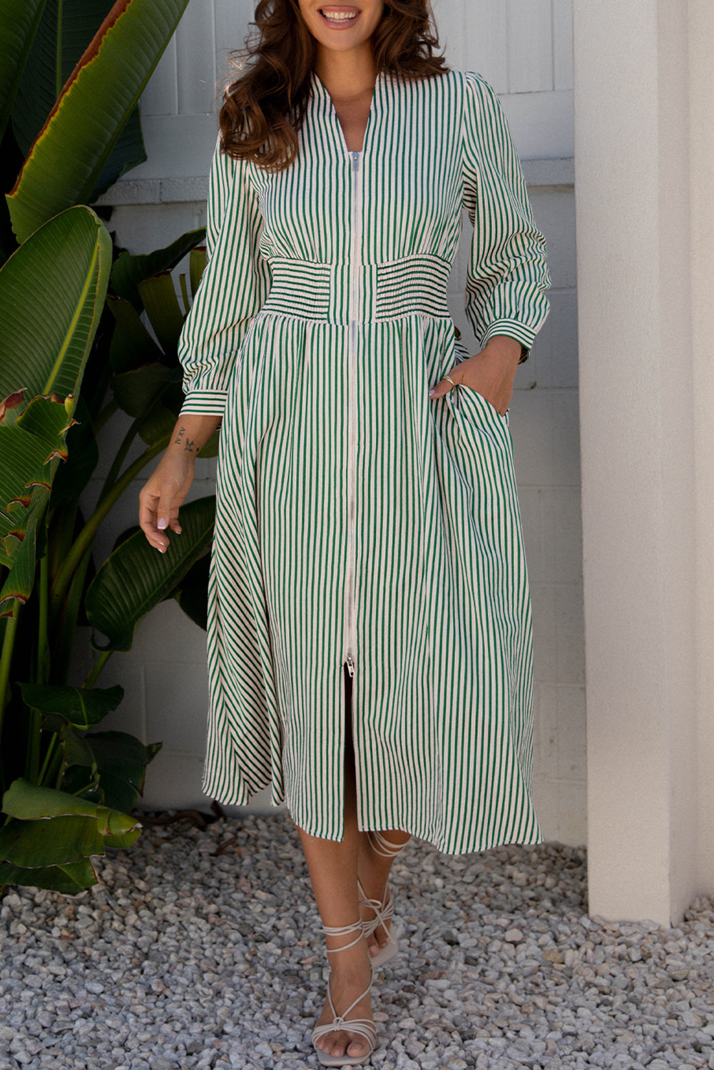 Coffee Plaid Print Full Zipper Cinched Waist Fit Flare Sleeveless Maxi Dress