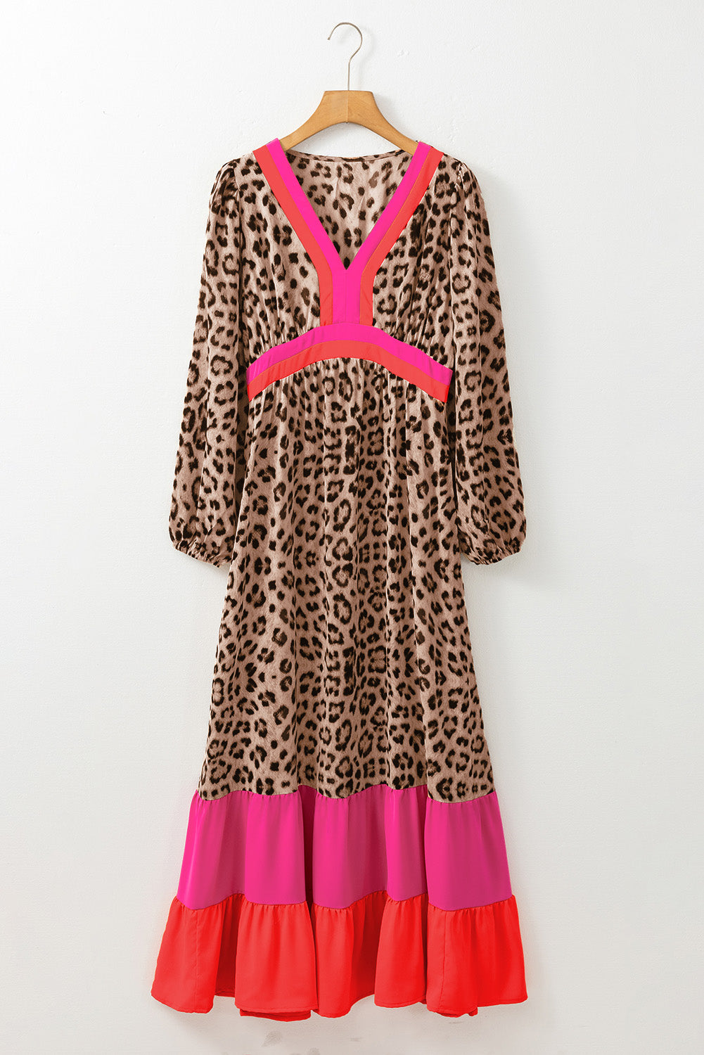 Khaki Cheetah Color Block V Neck Balloon Sleeve Babydoll Blouse