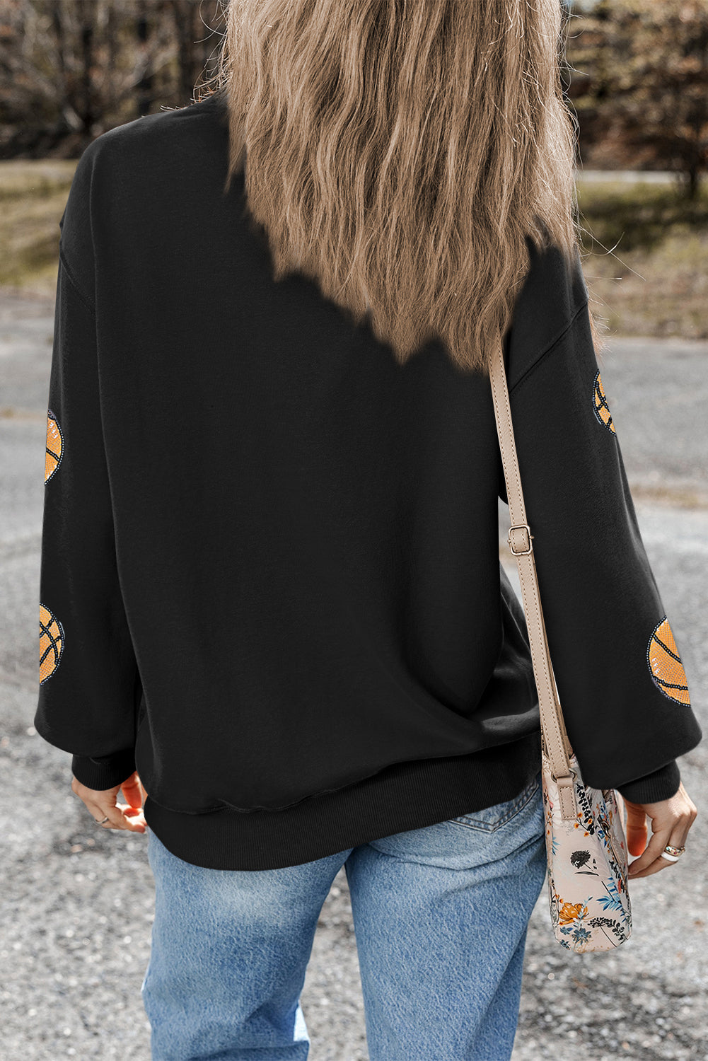 Black Sequin Basketball Patched Graphic Game Day T Shirt