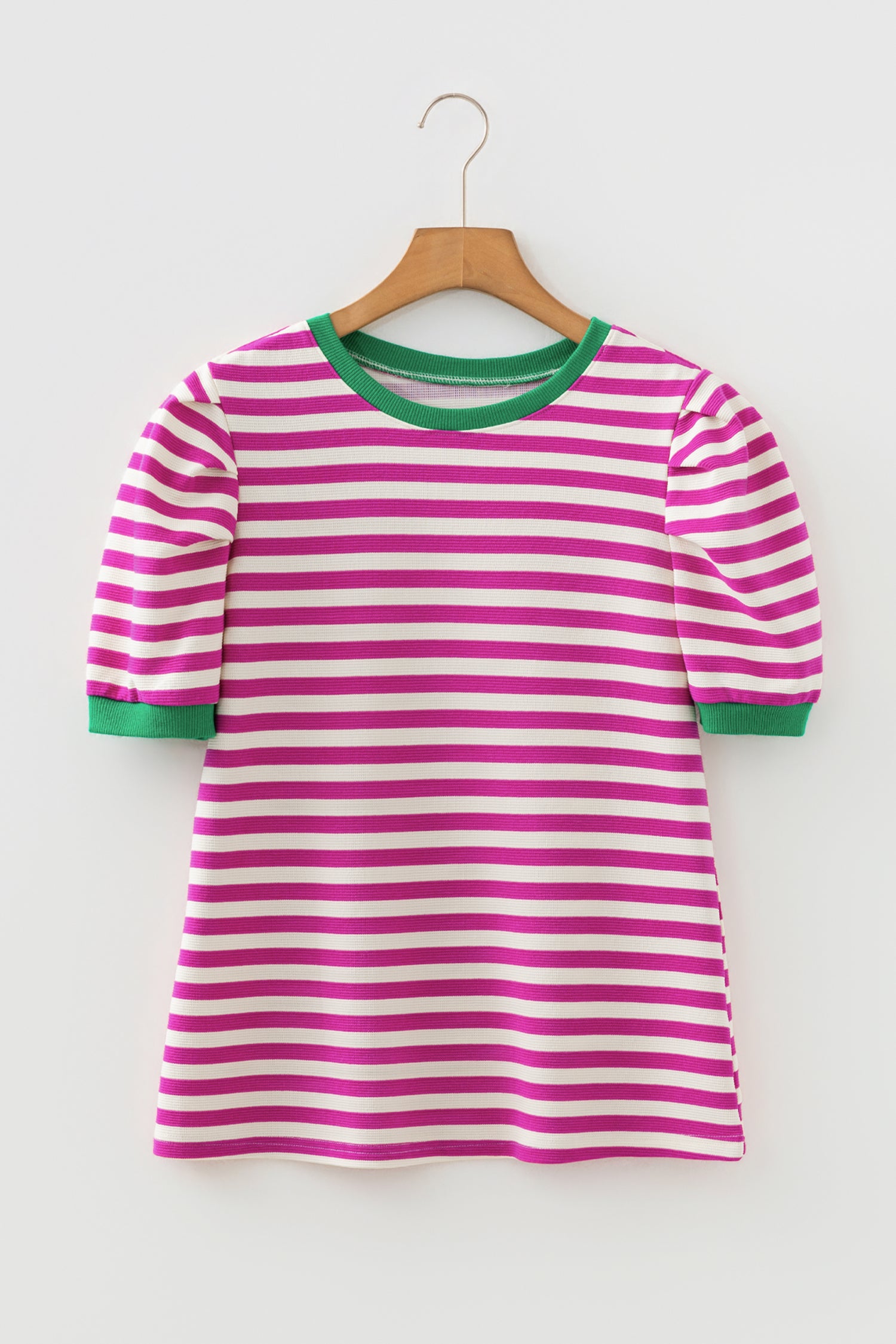 Green Stripe Short Puff Sleeve Contrast Trim Round Neck Tee