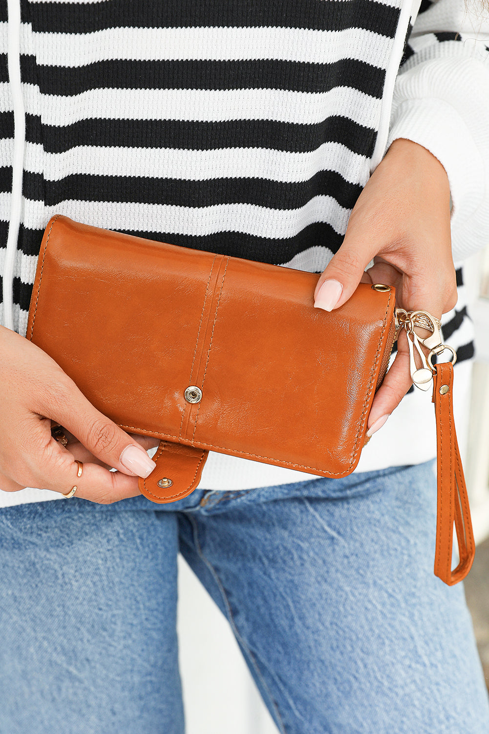 Cinnamon Faux Leather Zip Around Wrist Strap Long Wallet