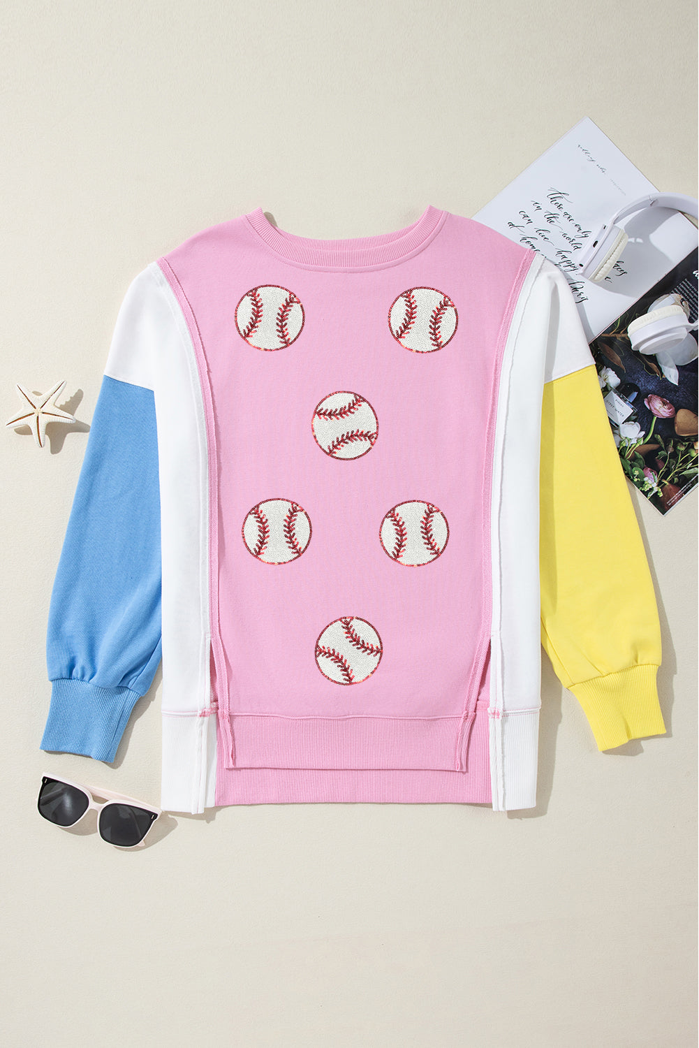 Bonbon Color Block Patchwork Sequin Baseball Patched Sweatshirt