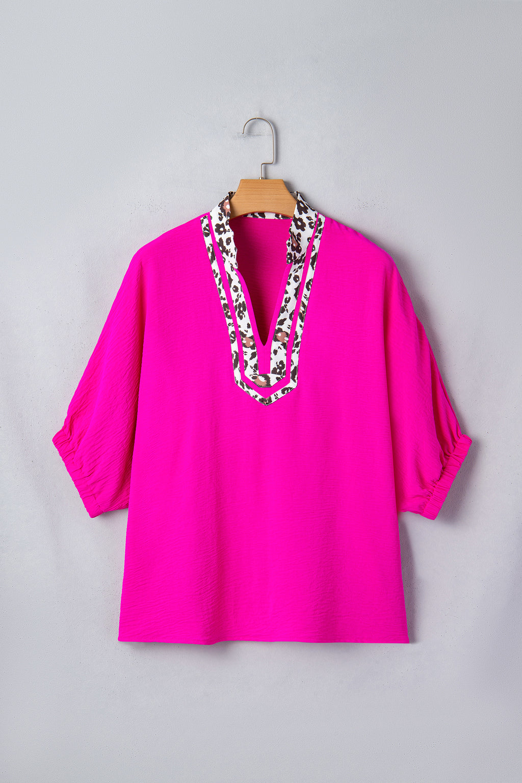 Black Dolman Half Sleeve Leopard Patchwork Trim V Neck Blouse