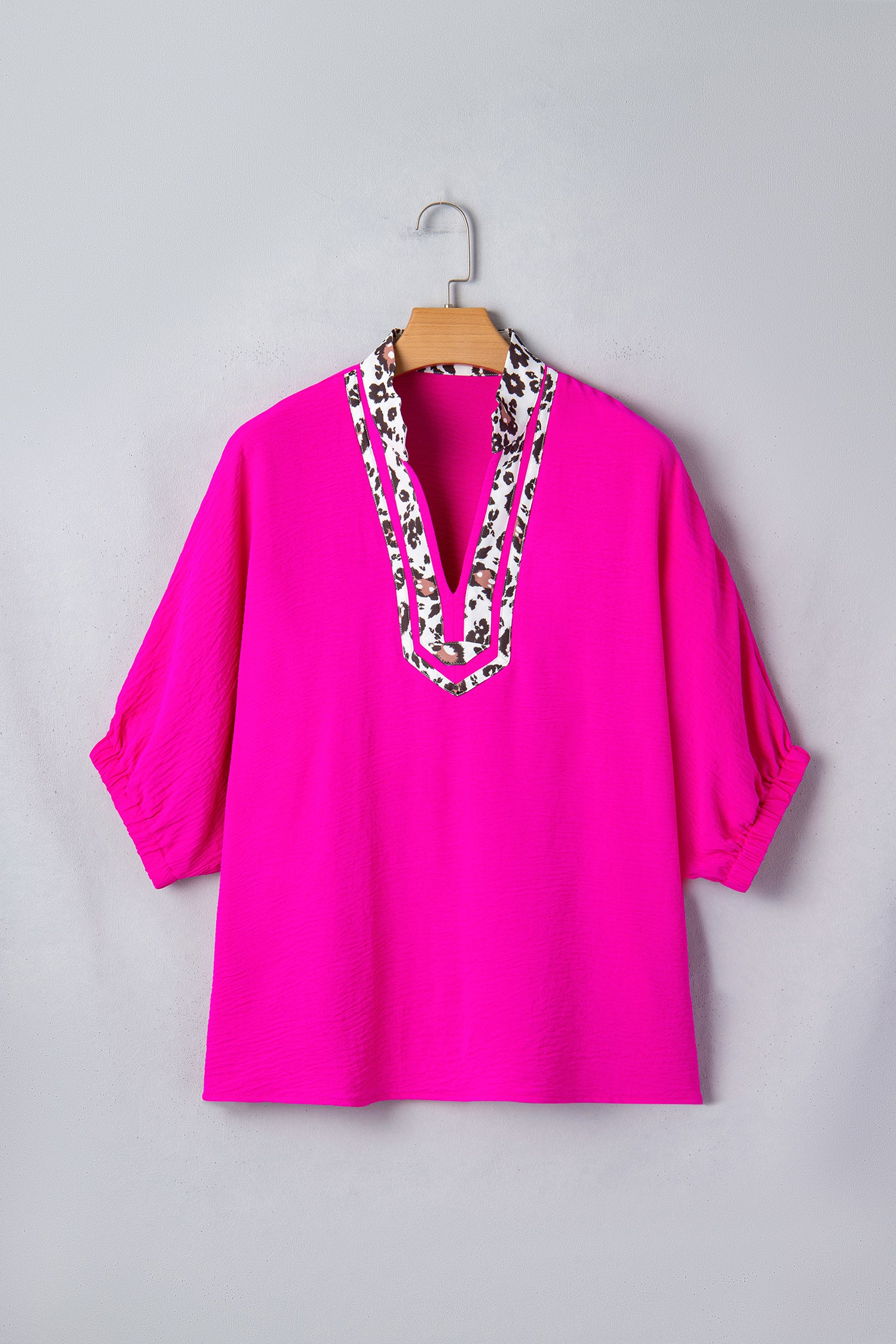 Black Dolman Half Sleeve Leopard Patchwork Trim V Neck Blouse
