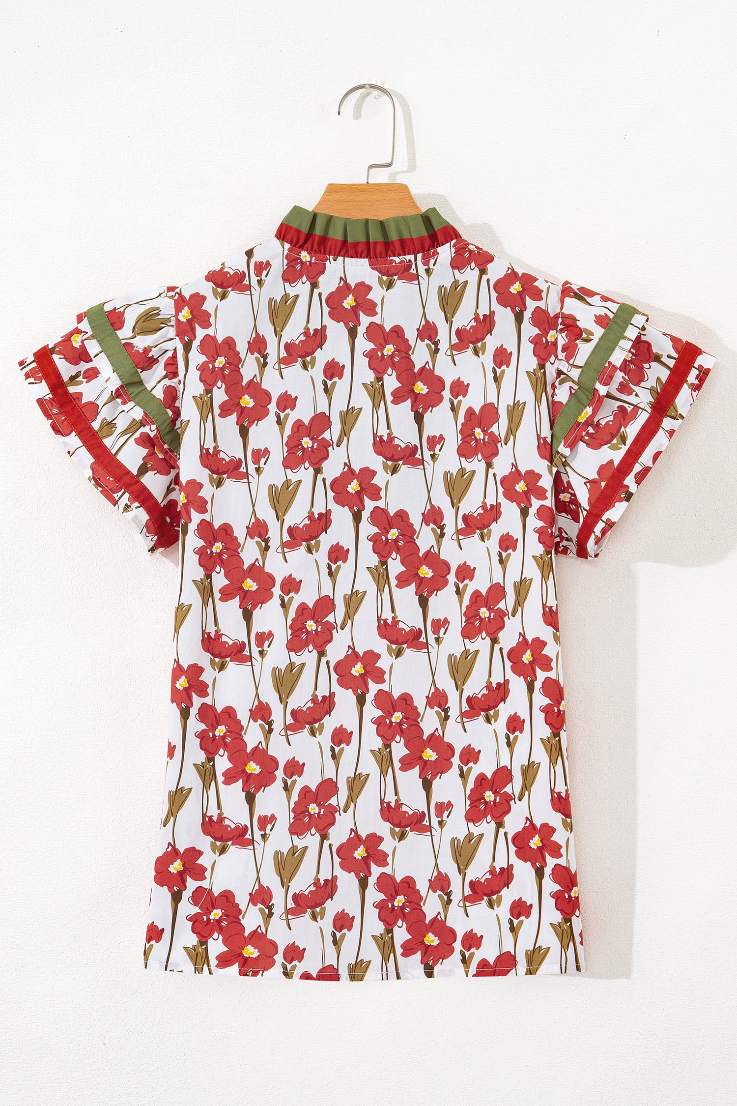 Pink Floral Print Contrast Trim V Neck Double Ruffled Short Sleeve Blouse