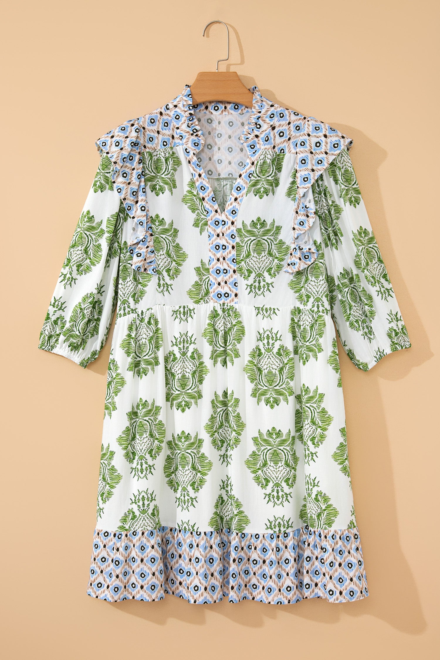 Green Floral Print Contrast Patchwork Ruffle Detail Mini Dress