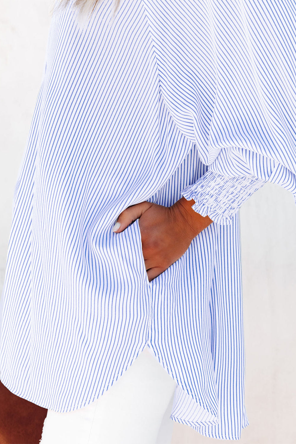 Red Stripe Smocked Cuffed Striped Boyfriend Shirt with Pocket