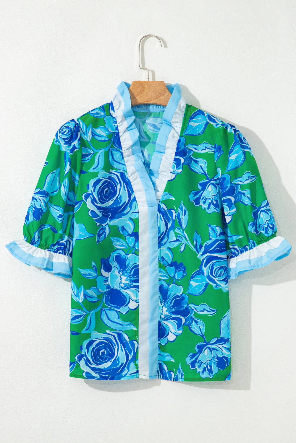 Rose Floral Frilled V Neck Short Sleeve Blouse Top