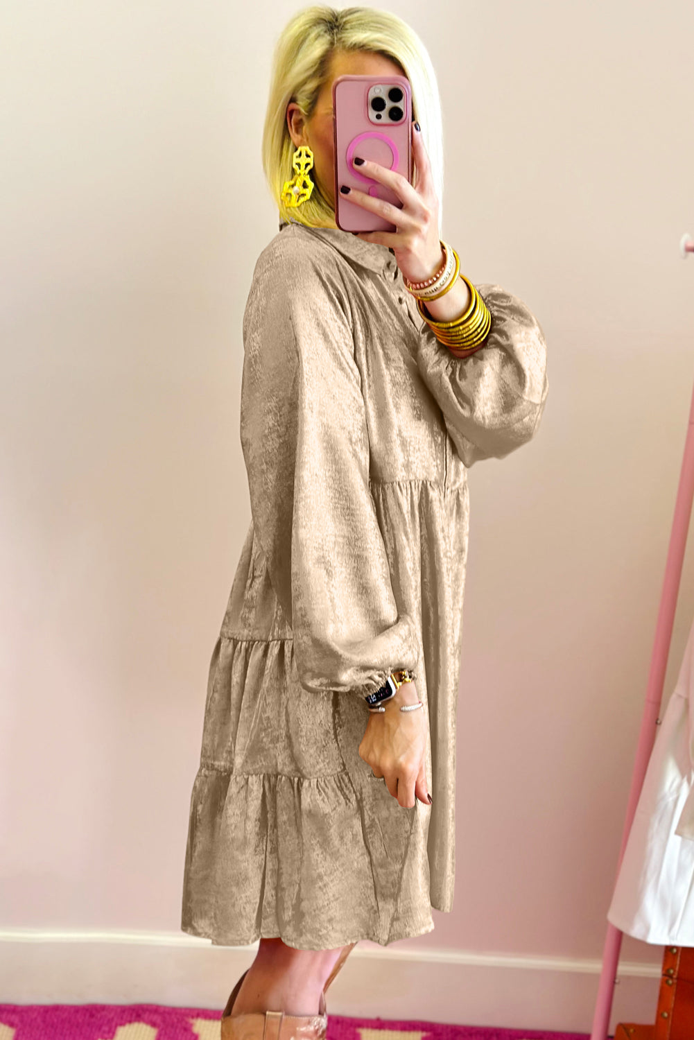 Dearlovers Gold Metallic Frilled V Neck Puff Sleeve Babydoll Blouse