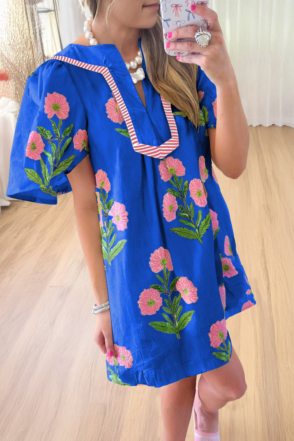 Apricot Floral Short Sleeve Split Neck Loose Mini Dress
