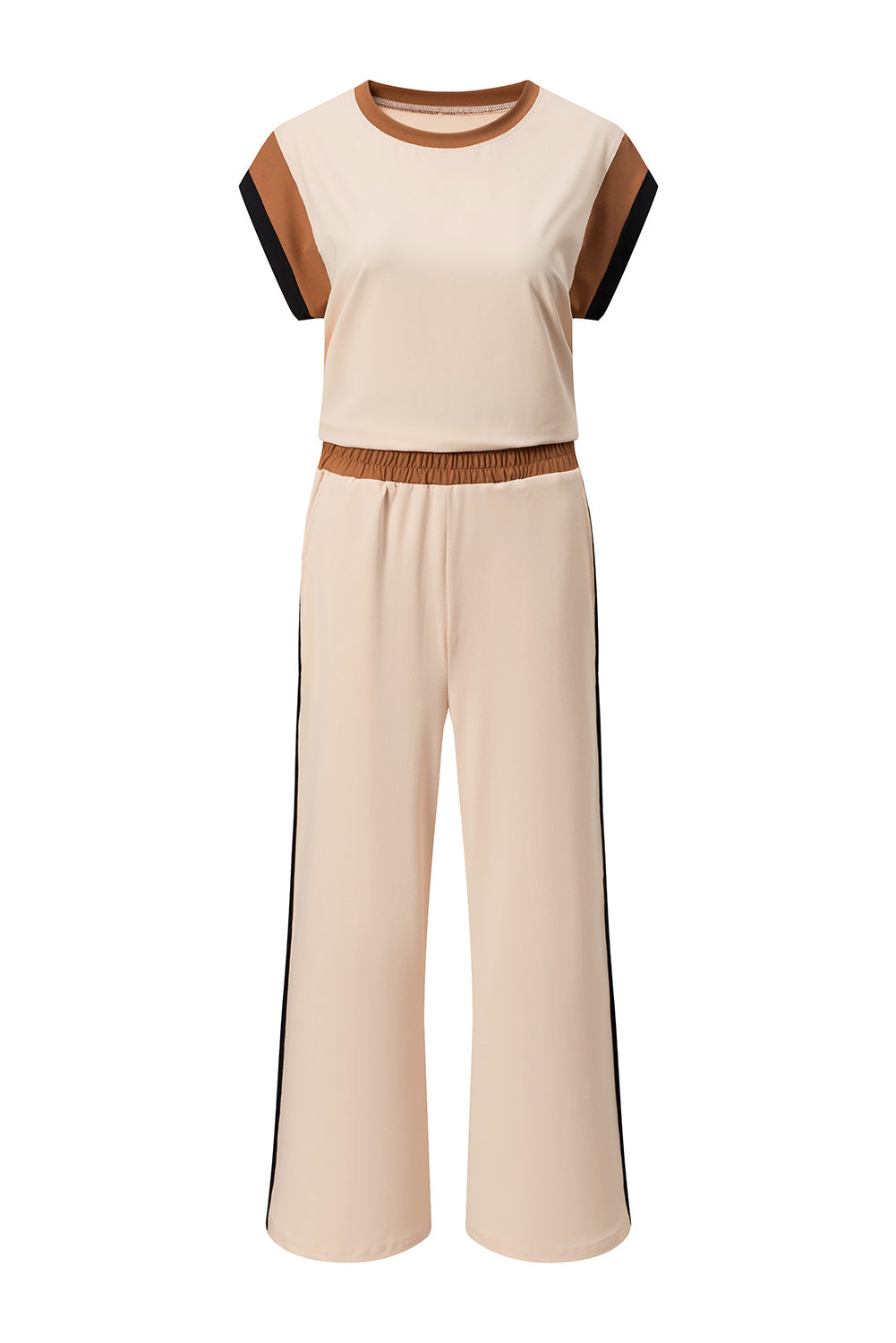 White Color Block Detail Casual Two-piece Set