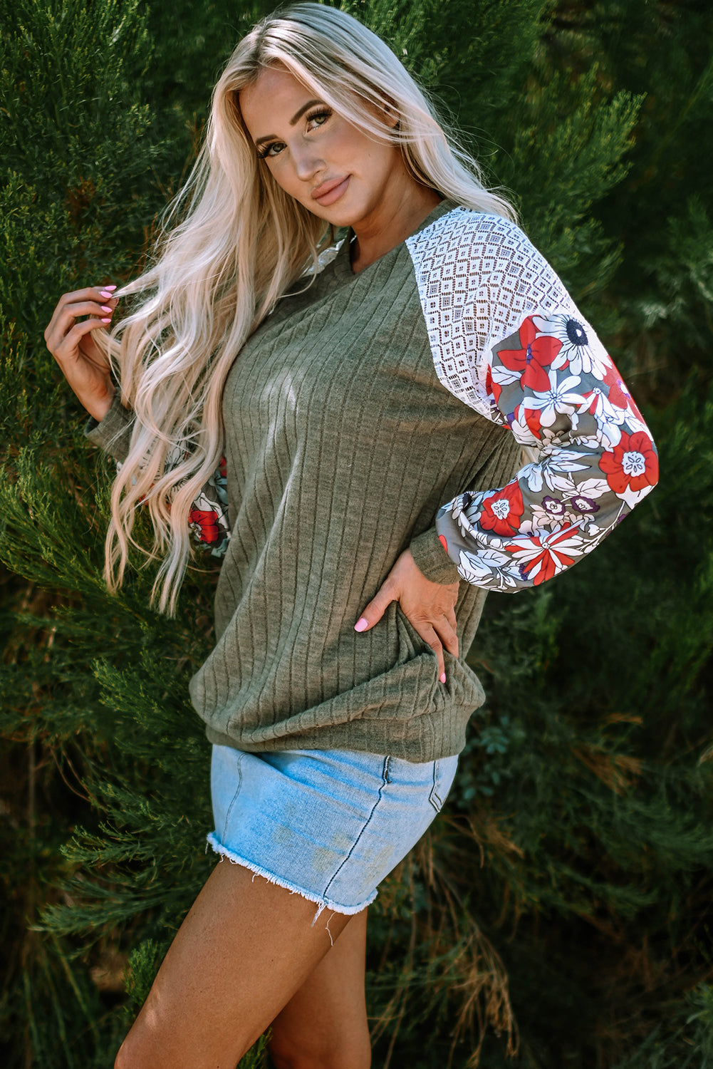 Vineyard Green Plus Size Textured Floral Patchwork Raglan Sleeve Blouse