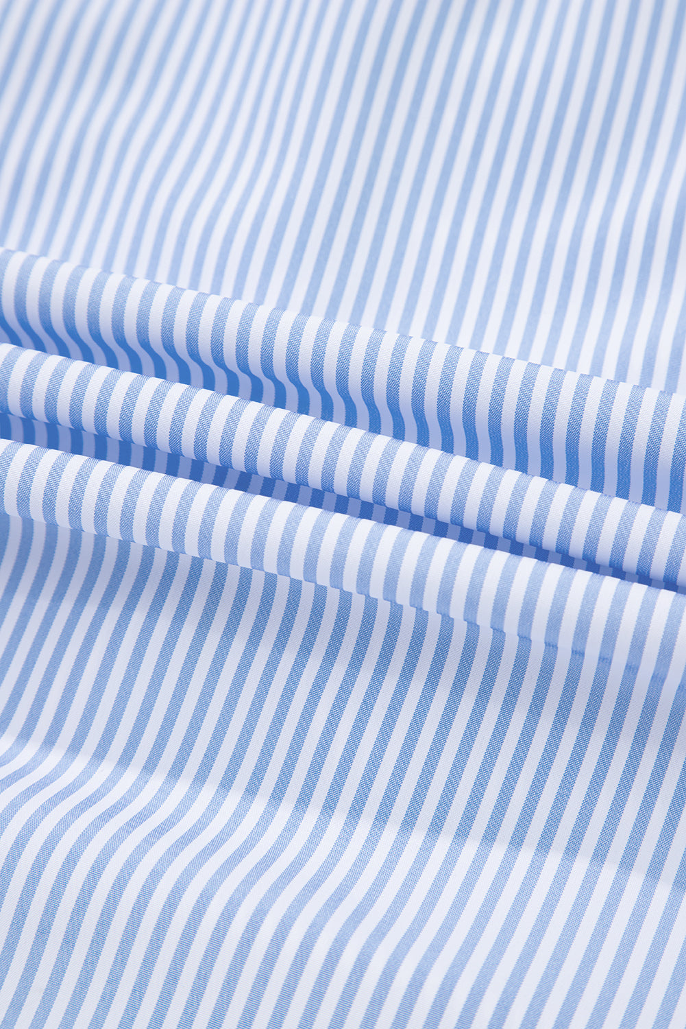 Sky Blue Stripe Ruffled Collar Puff Sleeve Half Buttons Blouse