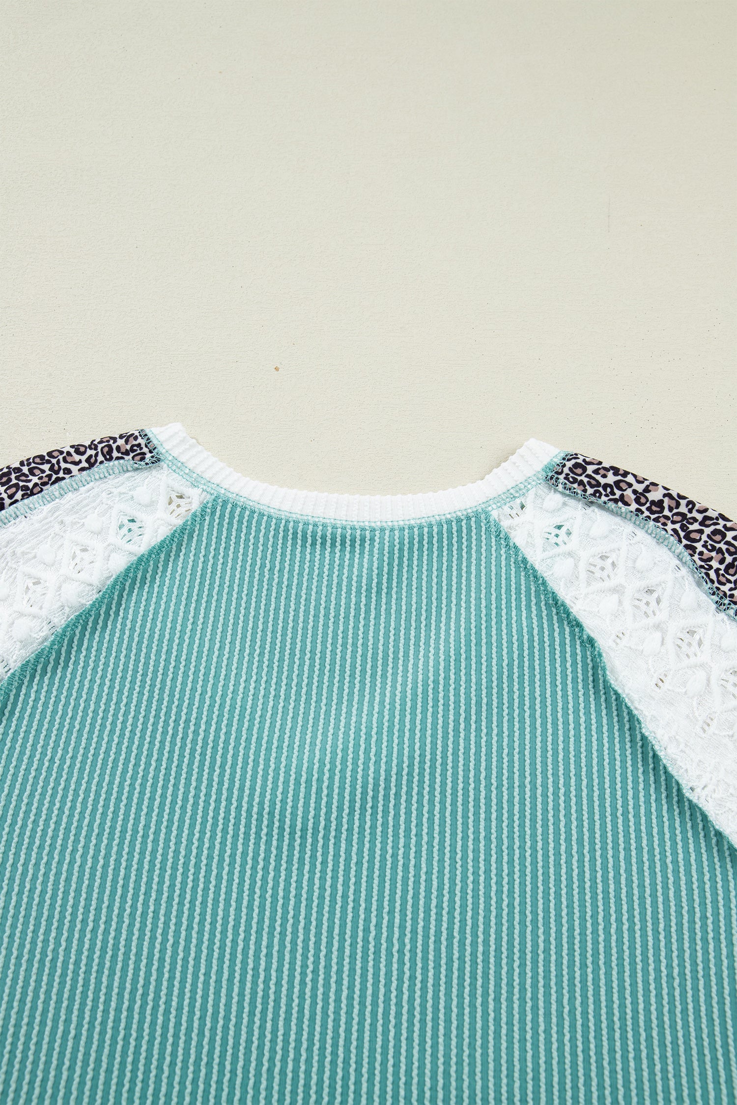 Dark Khaki Twisted Ribbed Leopard Lace Contrast Patchwork Long Sleeve Top