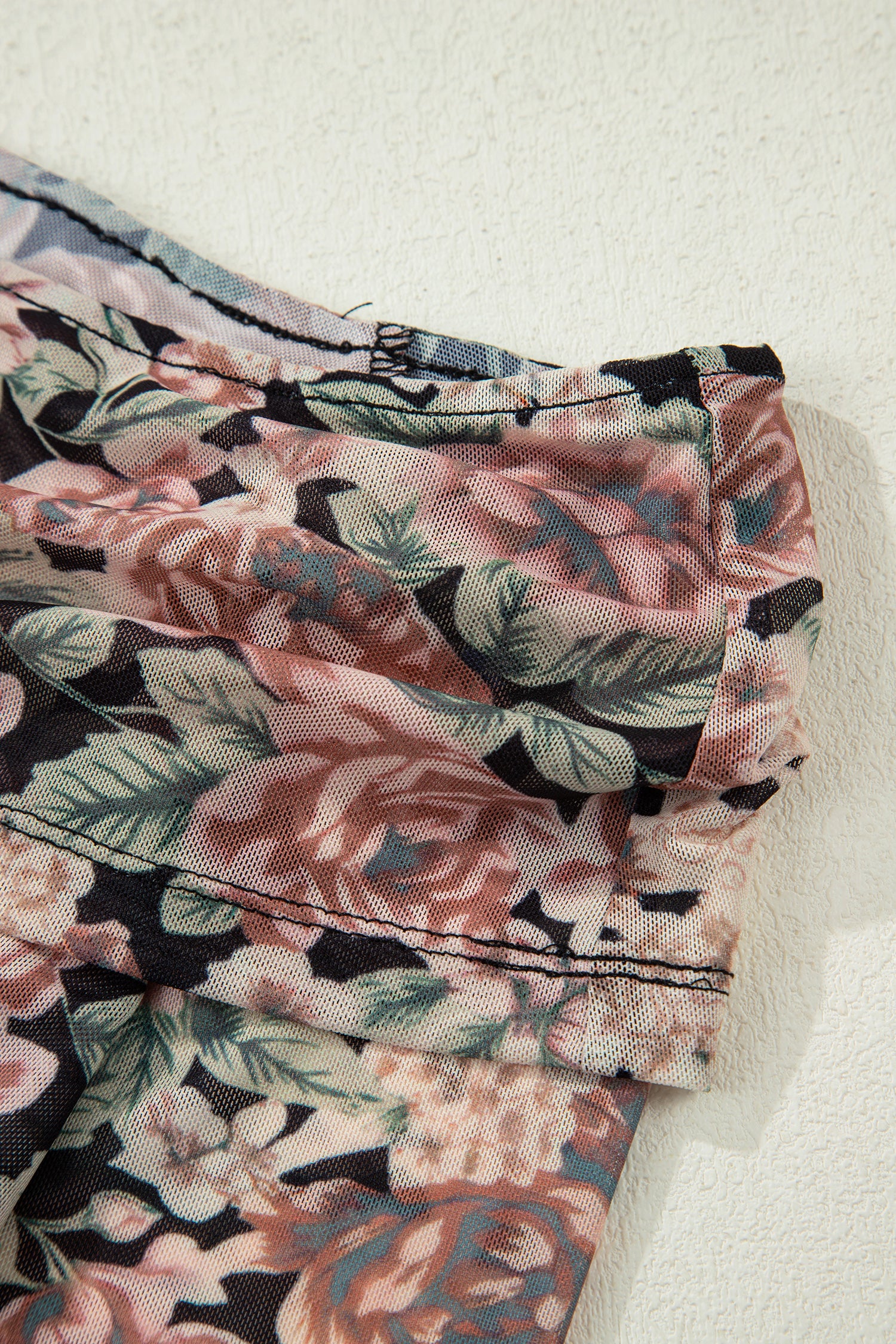 White Retro Floral Print Mock Neck Mesh Long Sleeve Top