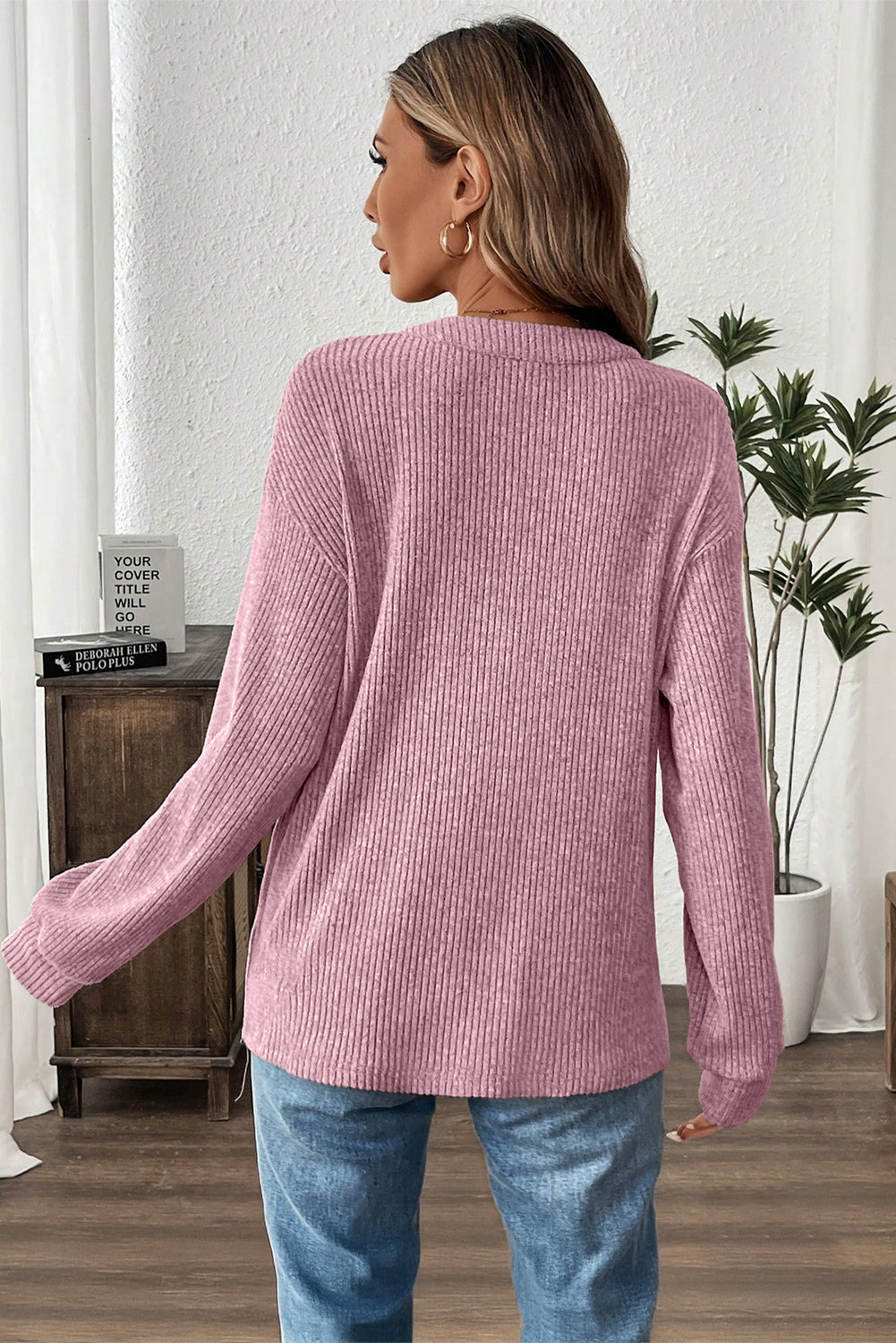 Simply Taupe Plus Size Ribbed Knit Kangaroo Pocket Henley Long Sleeve Top