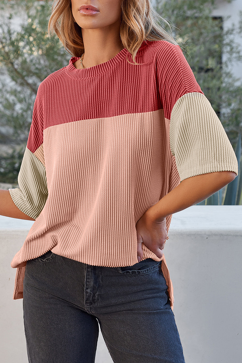 Pink Color Block Ribbed Side Slits Half Sleeve Top