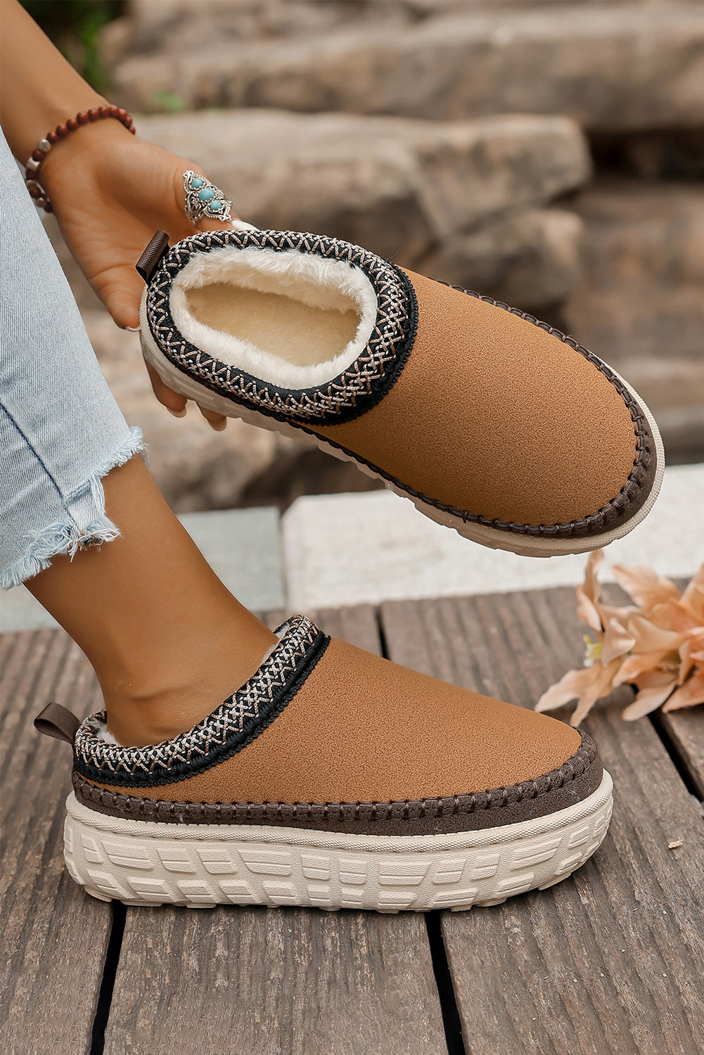 Coffee Contrast Stitch Detail Faux Suede PU Patchwork Plush Winter Clog Slippers