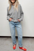 Gray Stripe Button Front Ribbed Trim Short Cardigan
