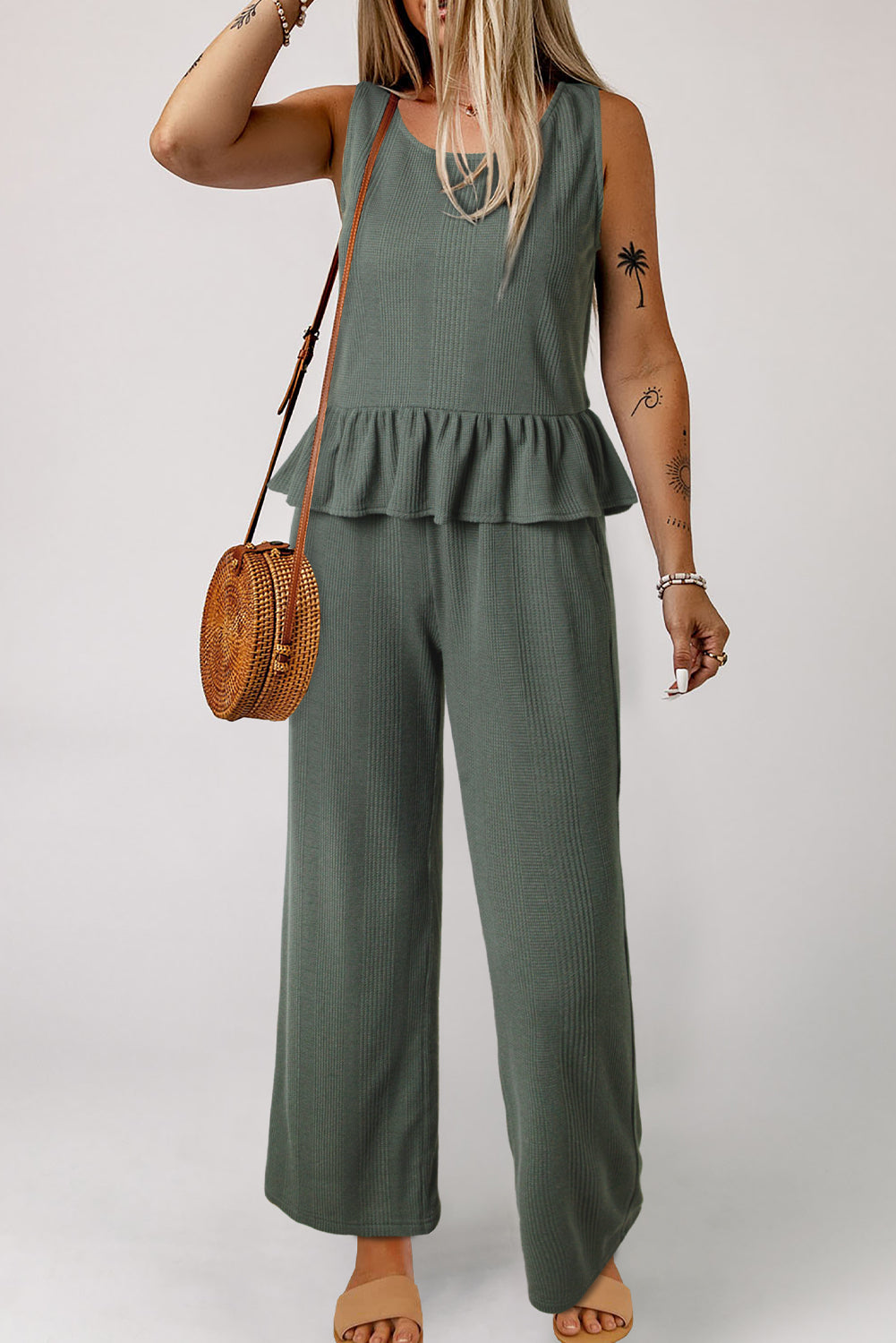 Beau Blue Solid Color Ribbed Ruffle Tank Top and Pants Set