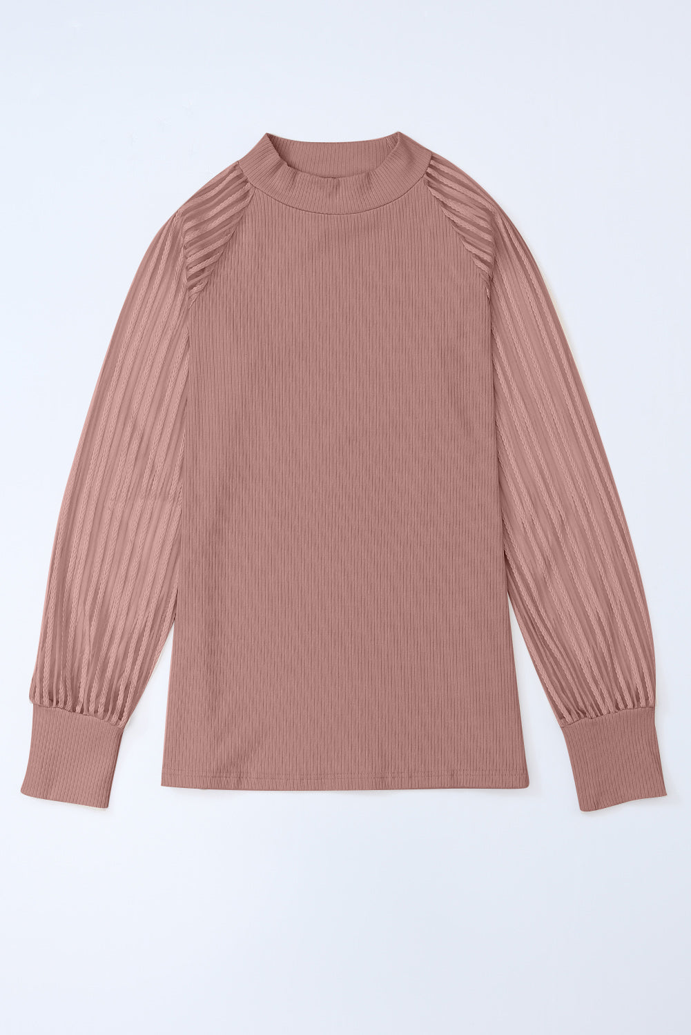 Gray Striped Mesh Long Sleeve Crewneck Ribbed Top