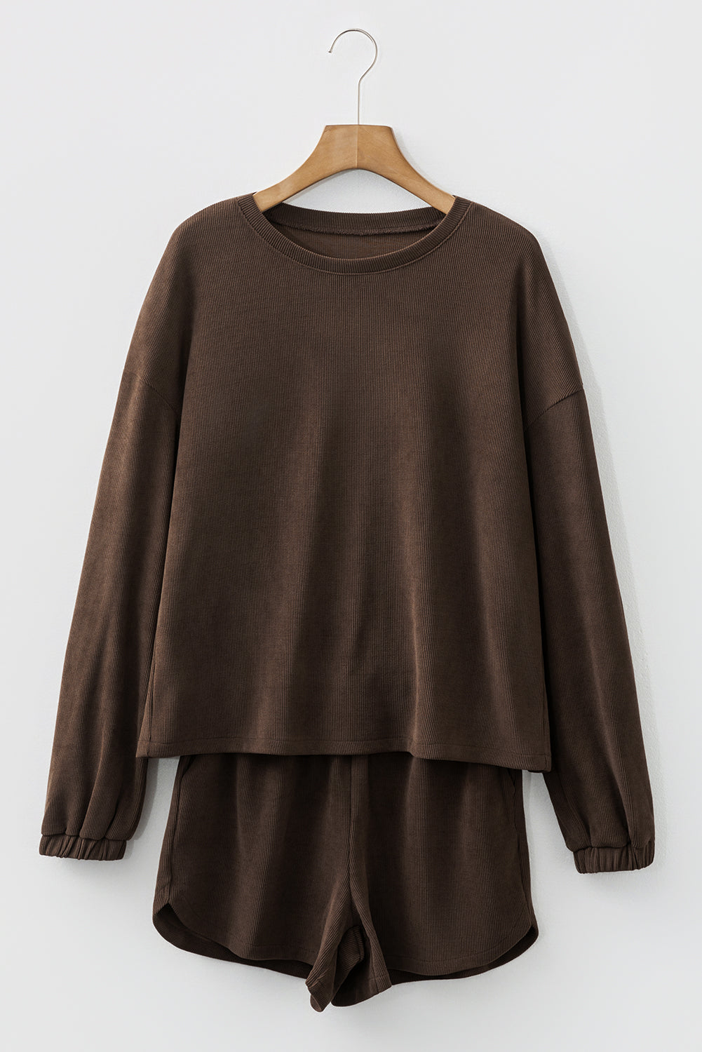 Jet Stream Solid Color Textured Knit Drop Shoulder Pullover Drawstring Shorts Set