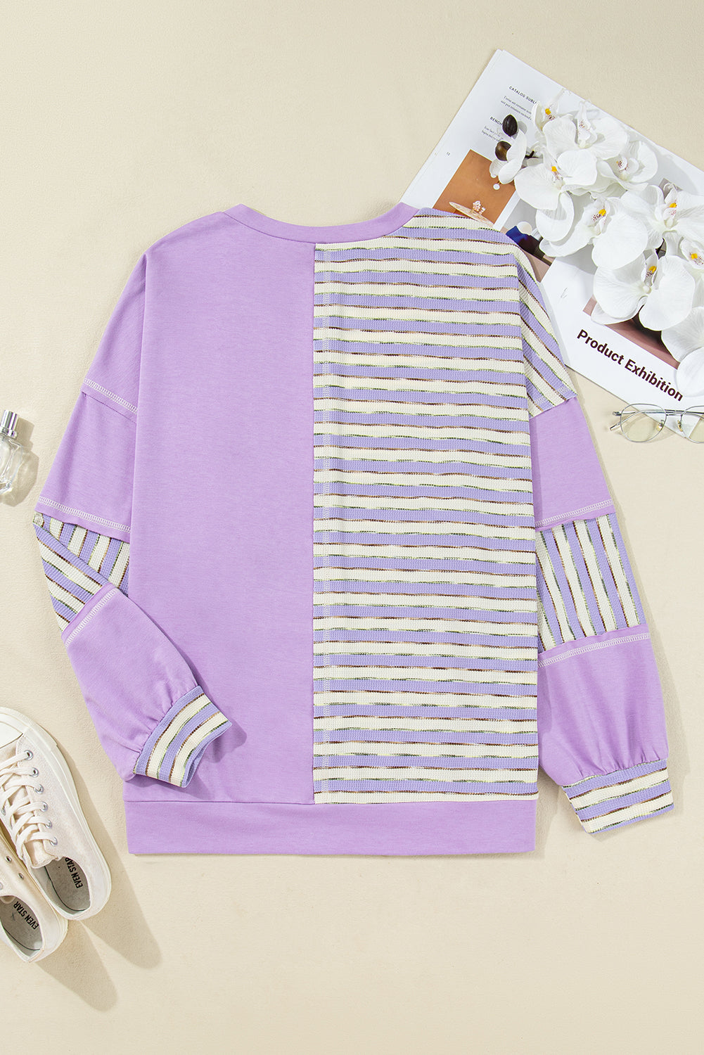 Khaki Stripe Stitched Detail Color Block Patchwork Oversized Pullover Top