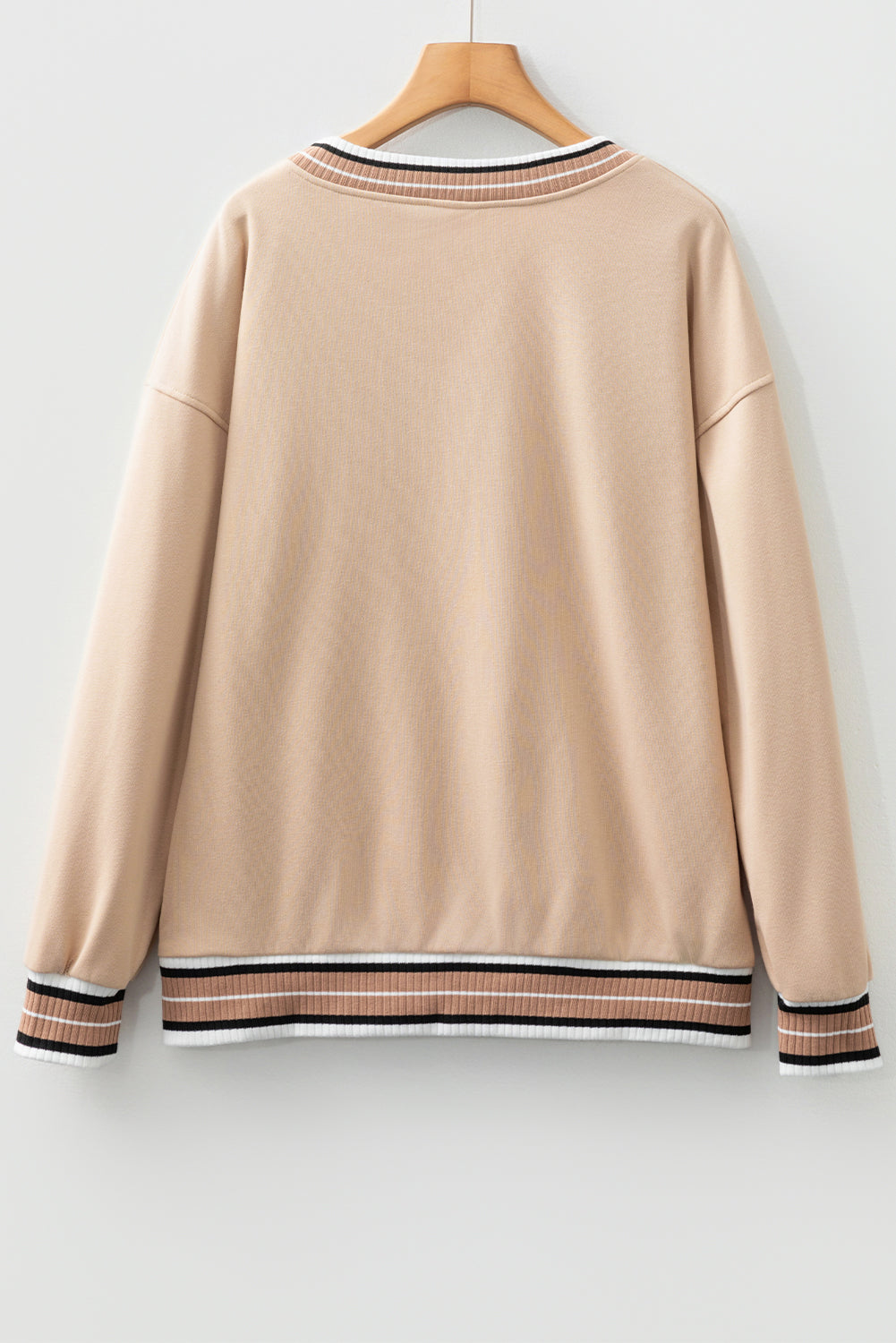Gray Varsity Contrast Striped Trim V Neck Sweatshirt