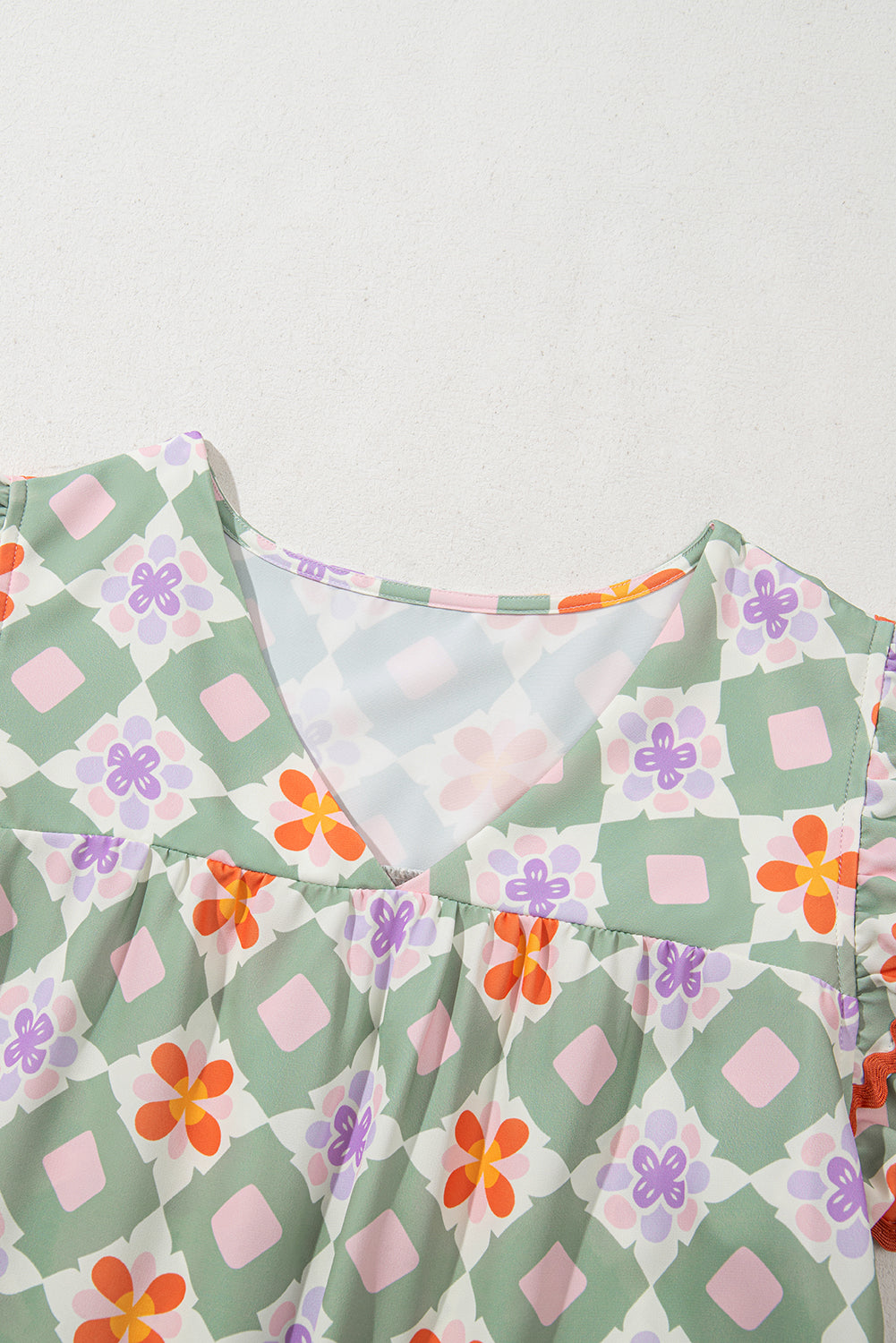 Green Geometric Floral Print Layered Flutter Sleeve V Neck Ric Rac Trim Blouse
