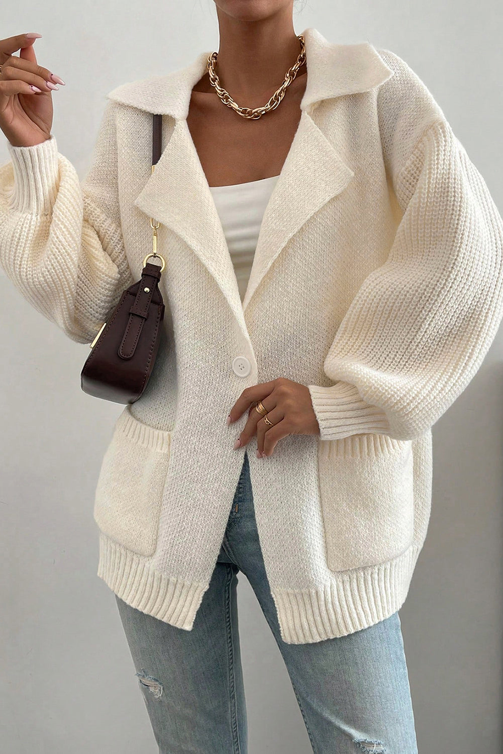 Beige Solid Color Knit Lapel Collar Single Button Sweater Cardigan
