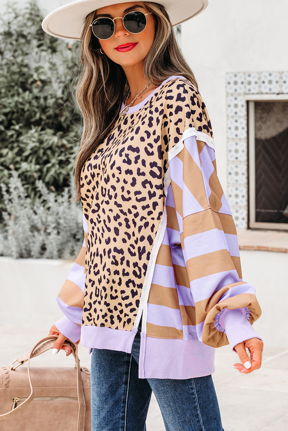 Khaki Leopard Striped Patchwork Plus Size Loose Sweatshirt