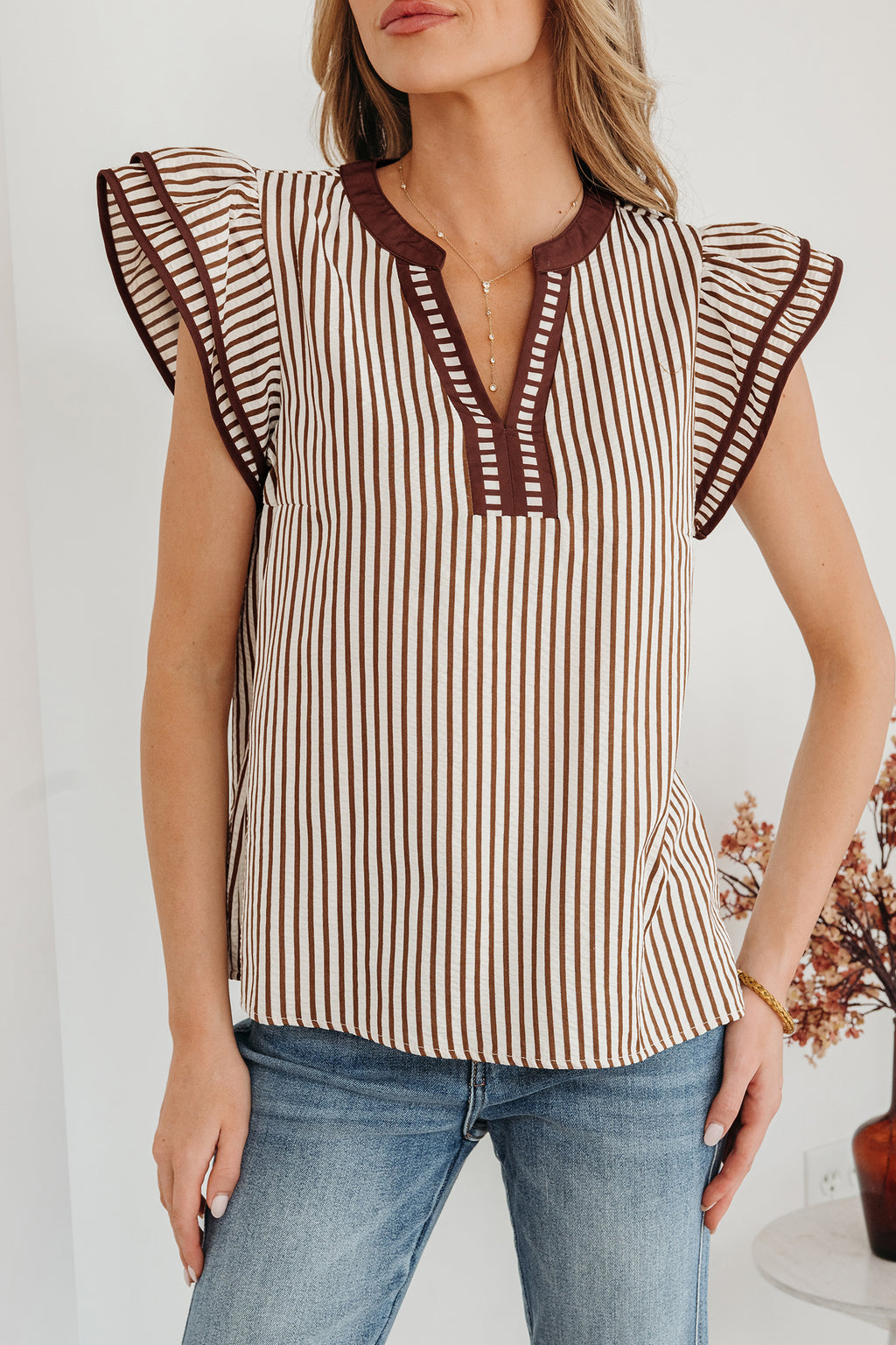 Brown Stripe Double Ruffled Short Sleeve Contrast Trim V Neck Midi Dress