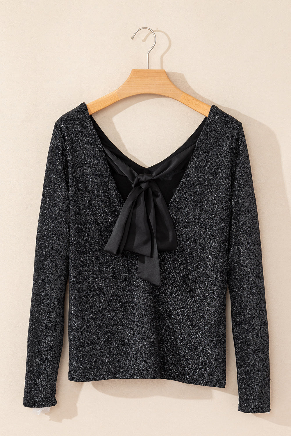 Red Metallic Bowknot Open Back V Neck Top