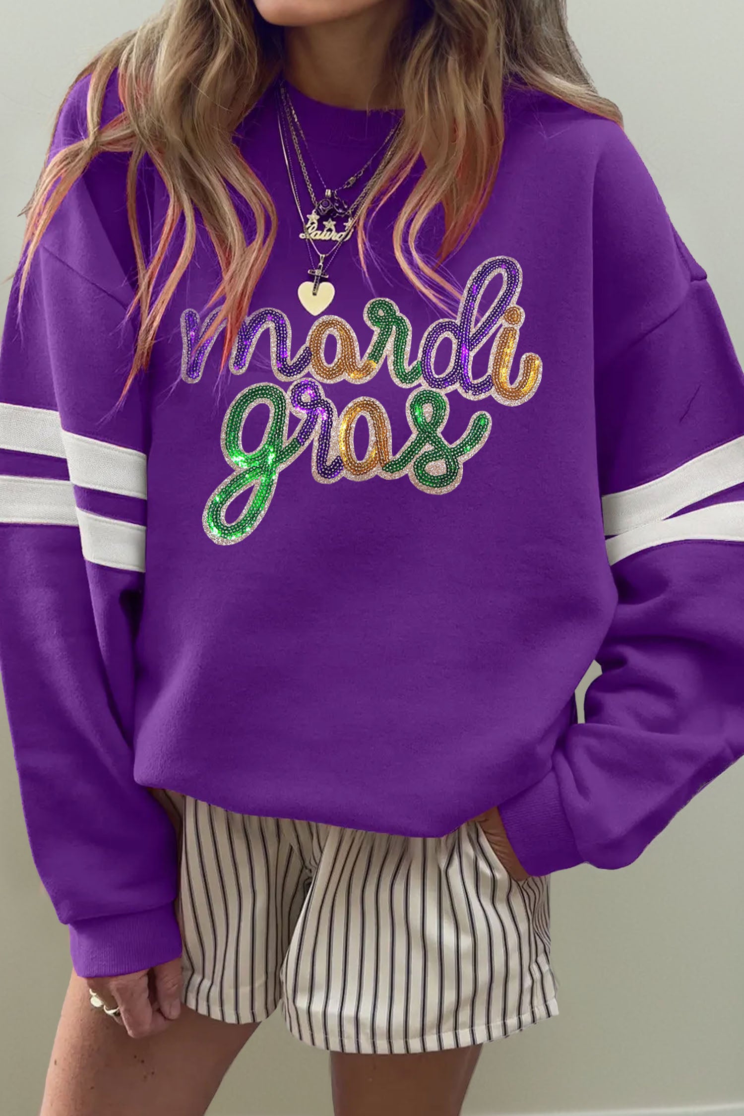 Black Sequin Mardi Crown Dropped Shoulder Varsity Sweatshirt