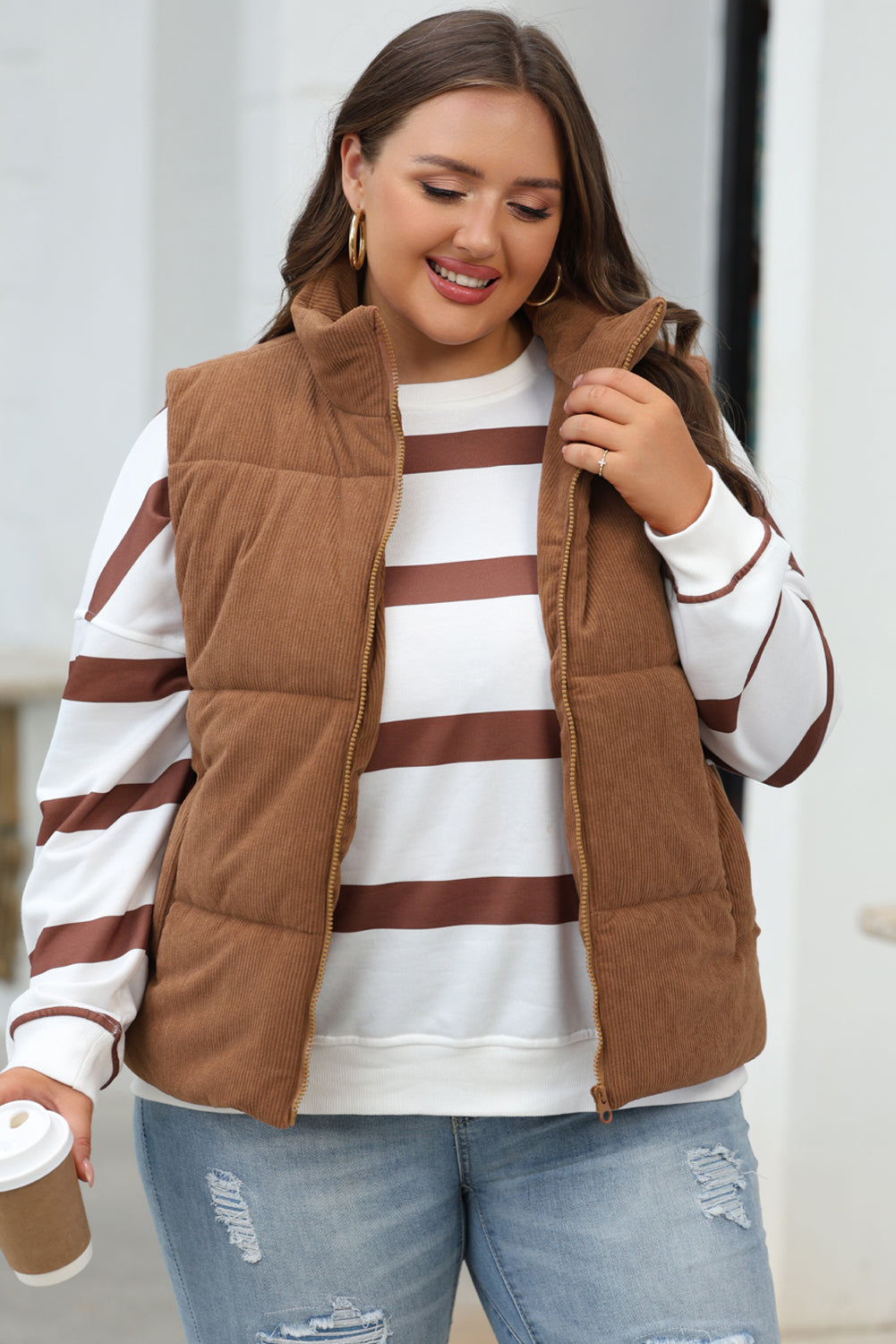 Beige Corduroy Stand Neck Zipped Puffer Vest