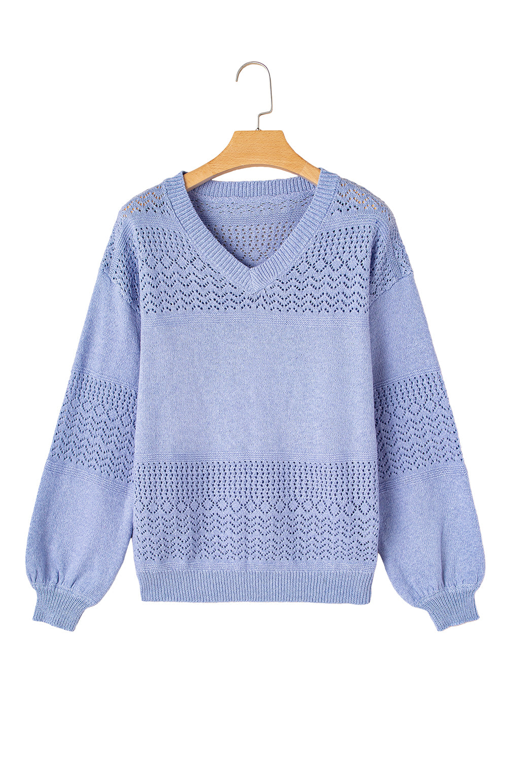 Sky Blue Eyelet Pattern Detail V Neck Drop Shoulder Sweater
