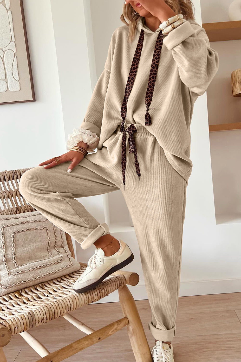 Gray Morn Corduroy Leopard Drawstring High Waist Trousers