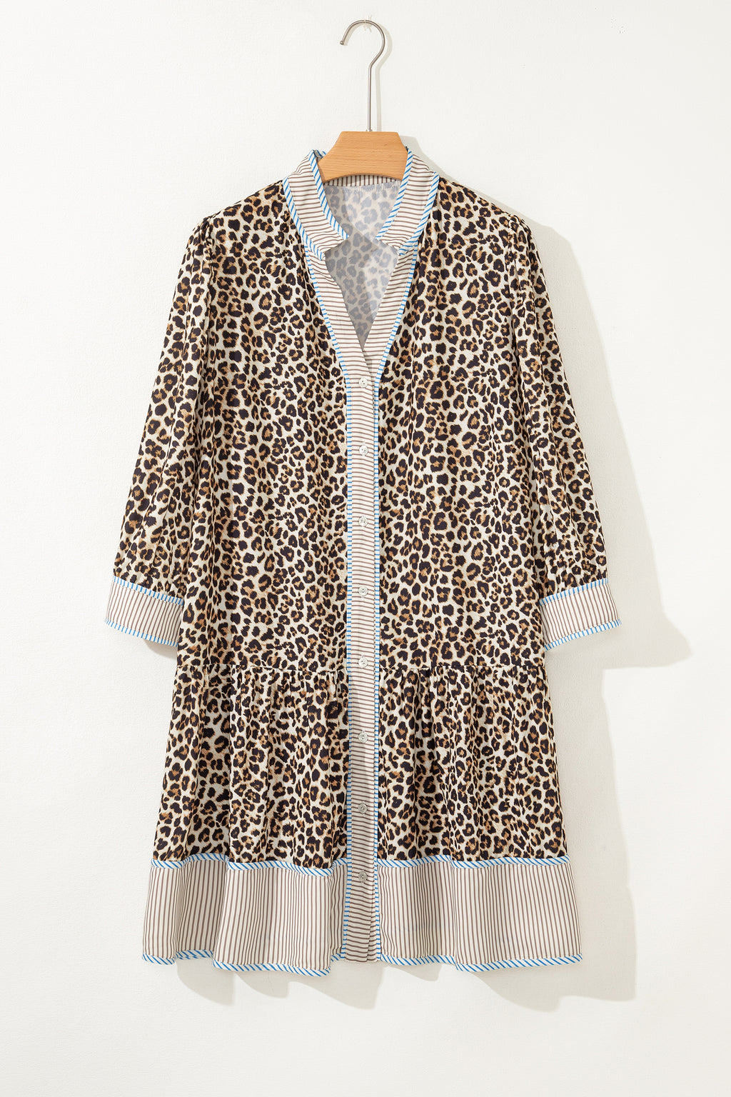 Brown Leopard Print Striped Patchwork 3/4 Sleeve Loose Mini Dress