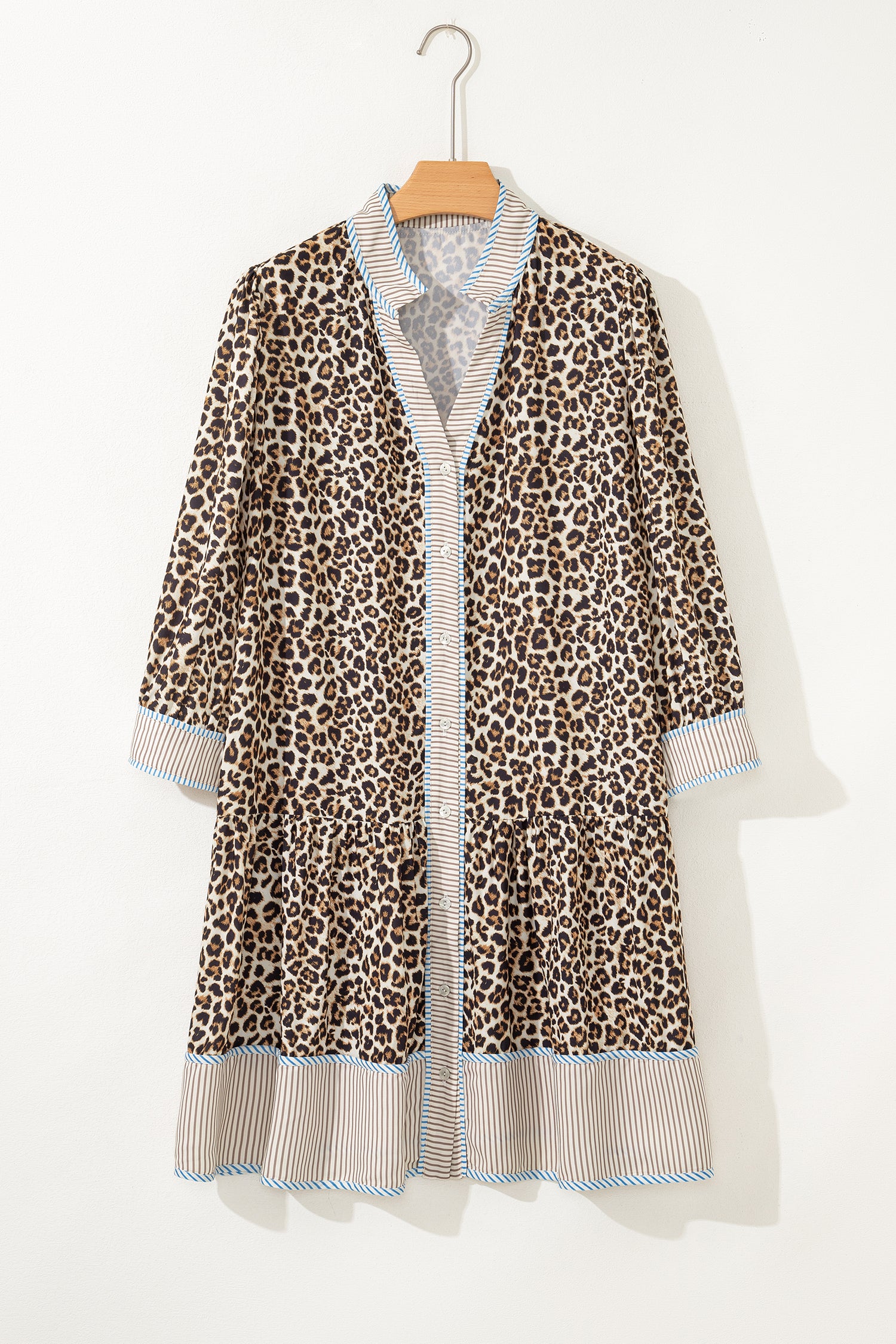 Brown Leopard Print Striped Patchwork 3/4 Sleeve Loose Mini Dress