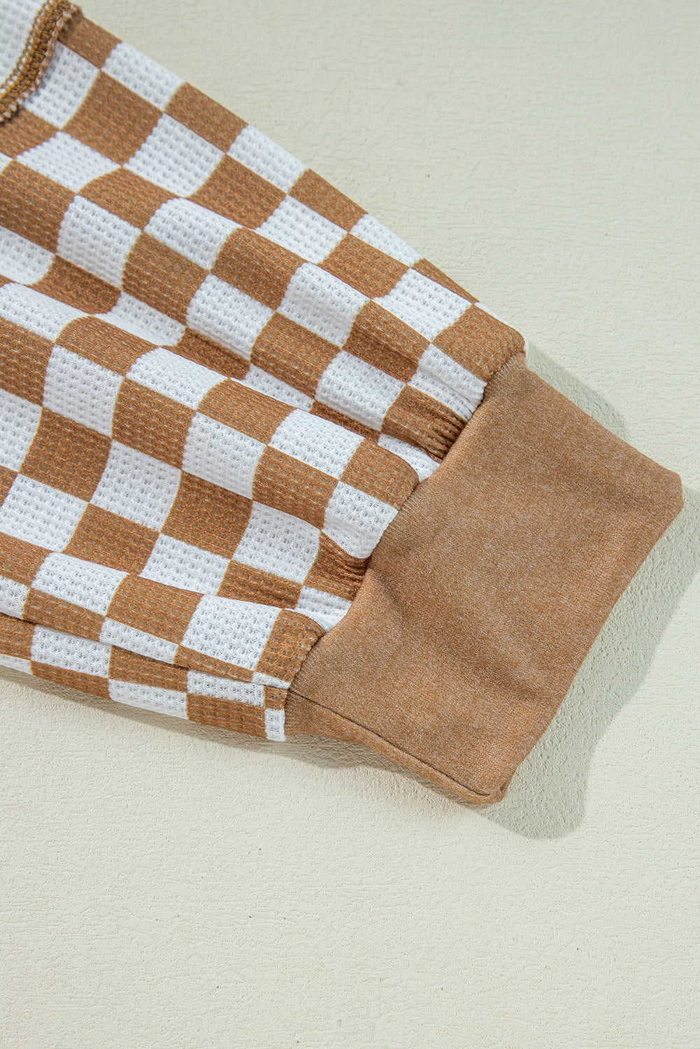 Khaki Checkerboard Striped Patchwork Lantern Sleeve Pocketed Blouse