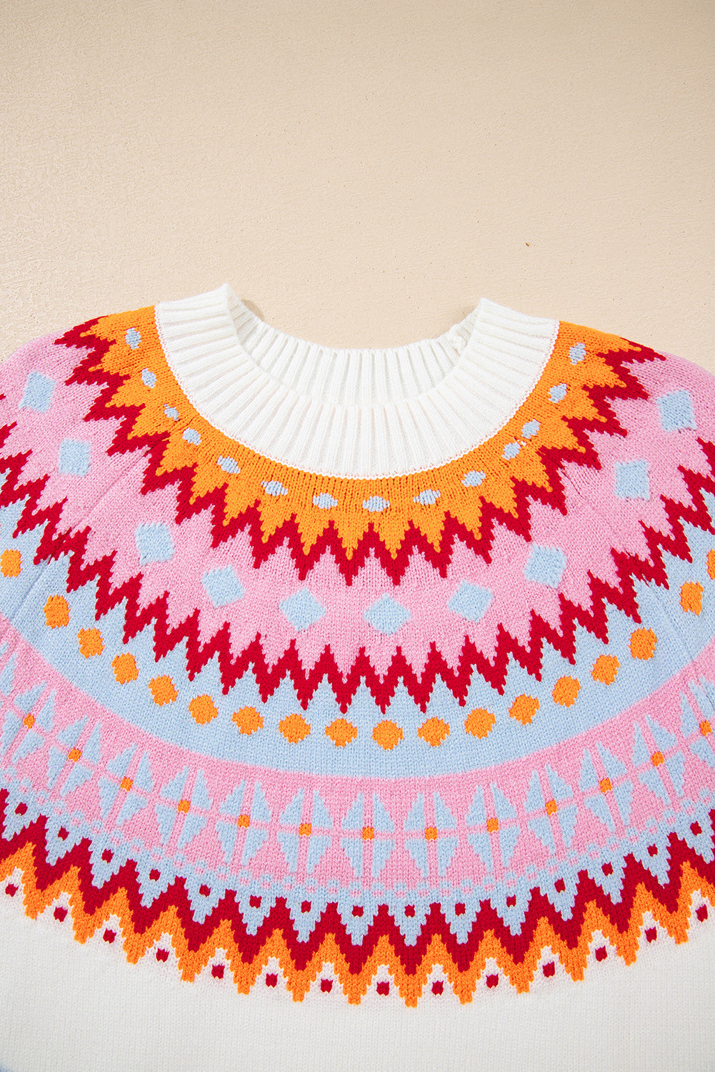 White Ethnic Geometric Colorblock Print Drop Shoulder Sweater