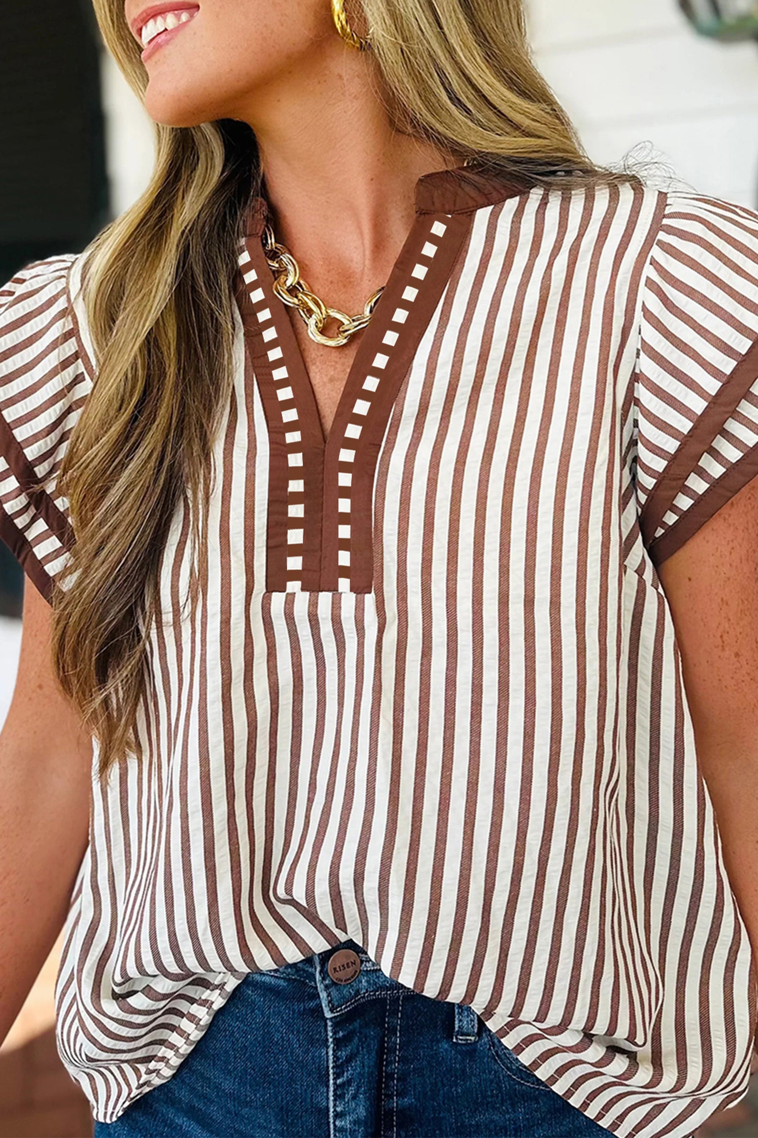 Brown Stripe Double Ruffled Short Sleeve Contrast Trim V Neck Midi Dress